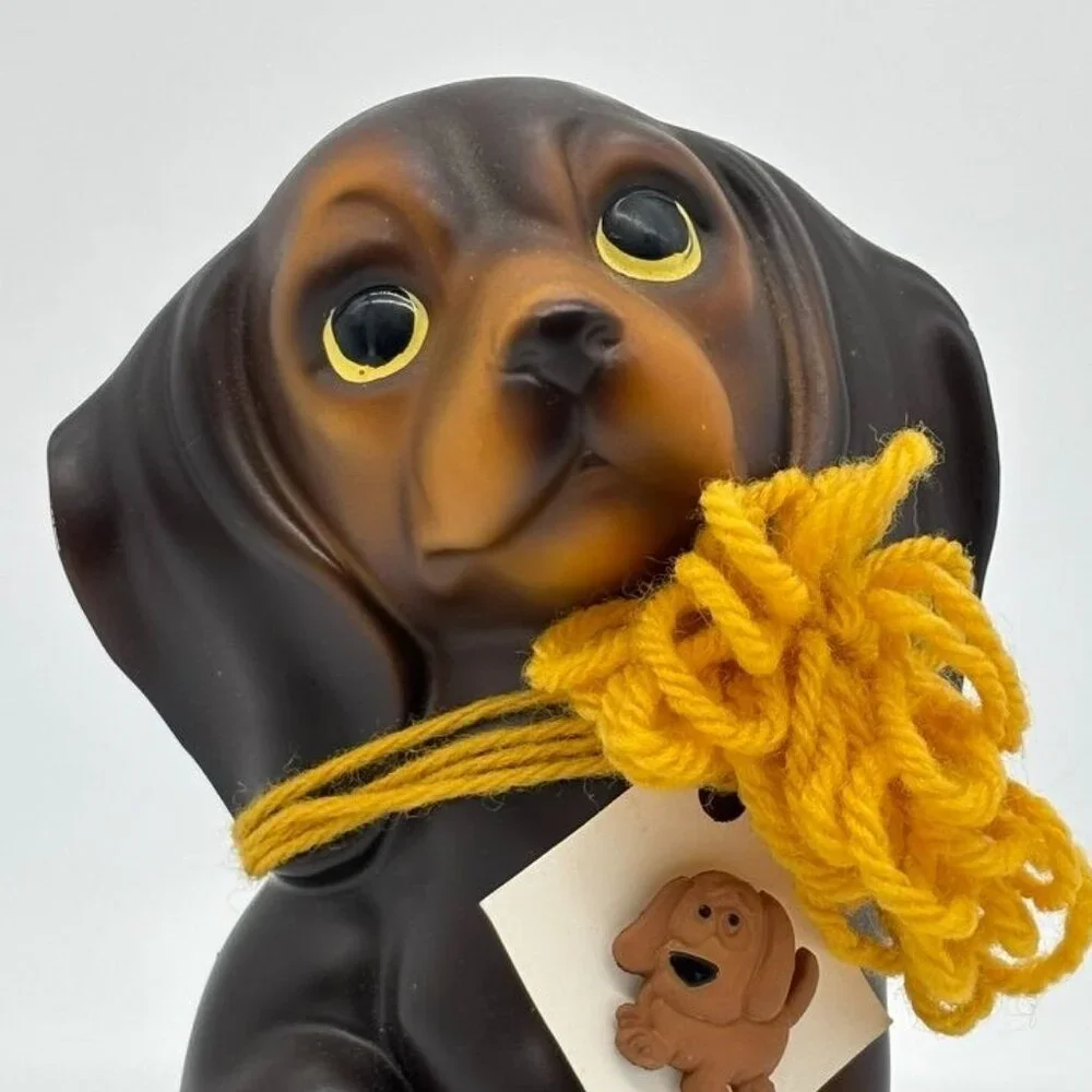 Vintage Nanco Ceramic Puppy Figurine Dark Brown W/Yellow Bow & Puppy Lapel Pin~~ - Picture 2 of 9